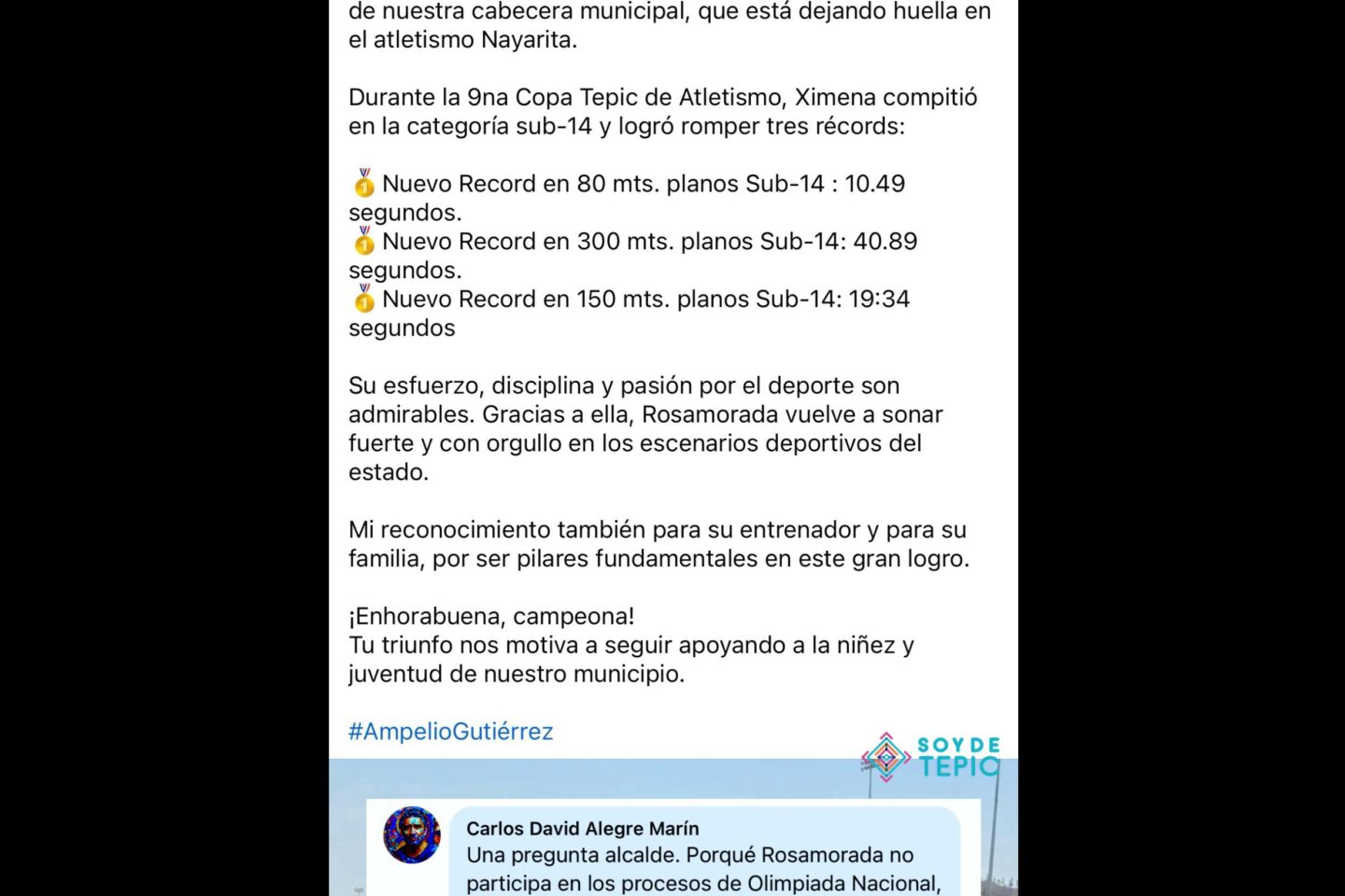 Presidente de Rosamorada felicitó a través de su cuenta oficial en Facebook a la atleta Ximena Barrera